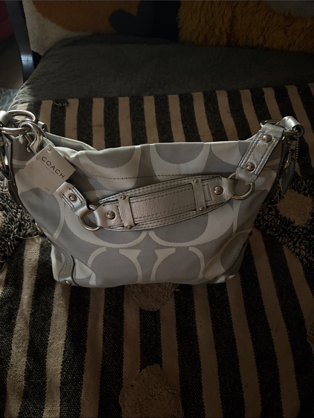 Vintage Y2K Coach Silver Signature Canvas Hobo with Metallic Trim NWT